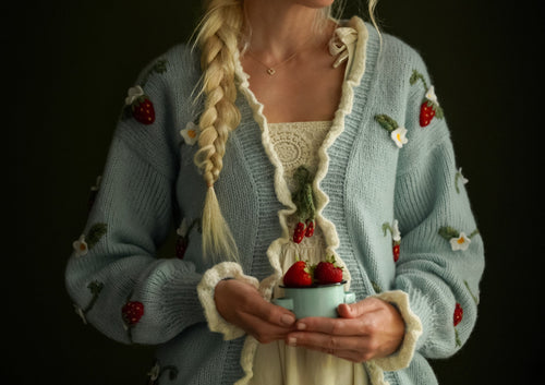 Adult Strawberries cardigan | Blue